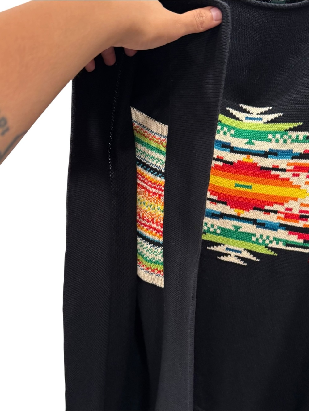 Lauren Ralph Lauren Southwestern Geometric Cotton Knit Poncho Black L/XL - Picture 5 of 8